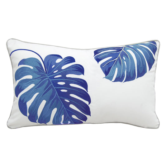 Two tropical blue monstera embroidered on a white background.