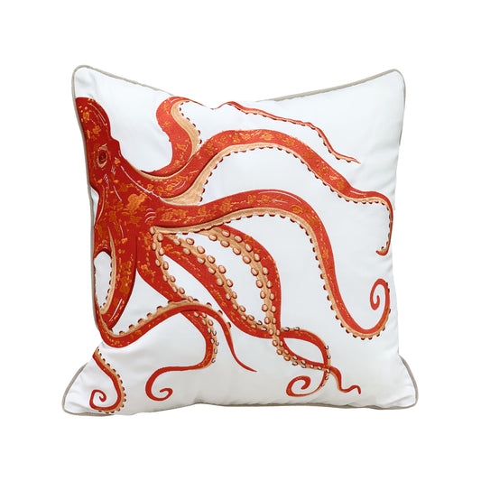 Vintage coral octopus embroidered on a white background. Pillow finished with a grey piped edging.