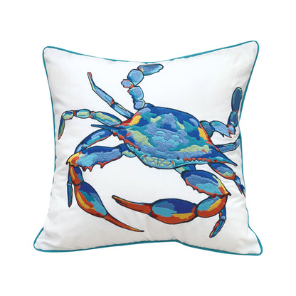 Blue crab with red, green, and yellow accent colors embroidered on a white background. Pillow finished with blue piped edging.