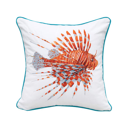 Colorful coral lionfish embroidered on a white background. Pillow is finished with a teal piped edging.