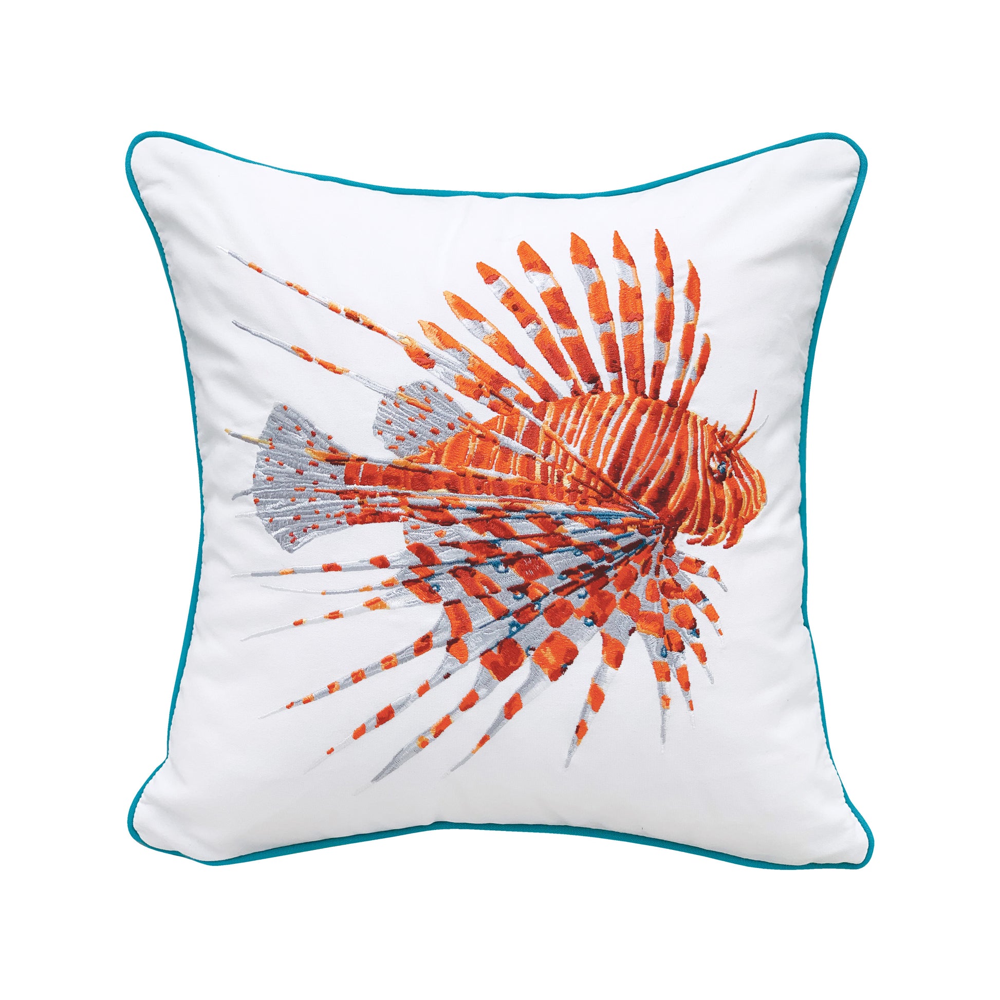 Colorful coral lionfish embroidered on a white background. Pillow is finished with a teal piped edging.