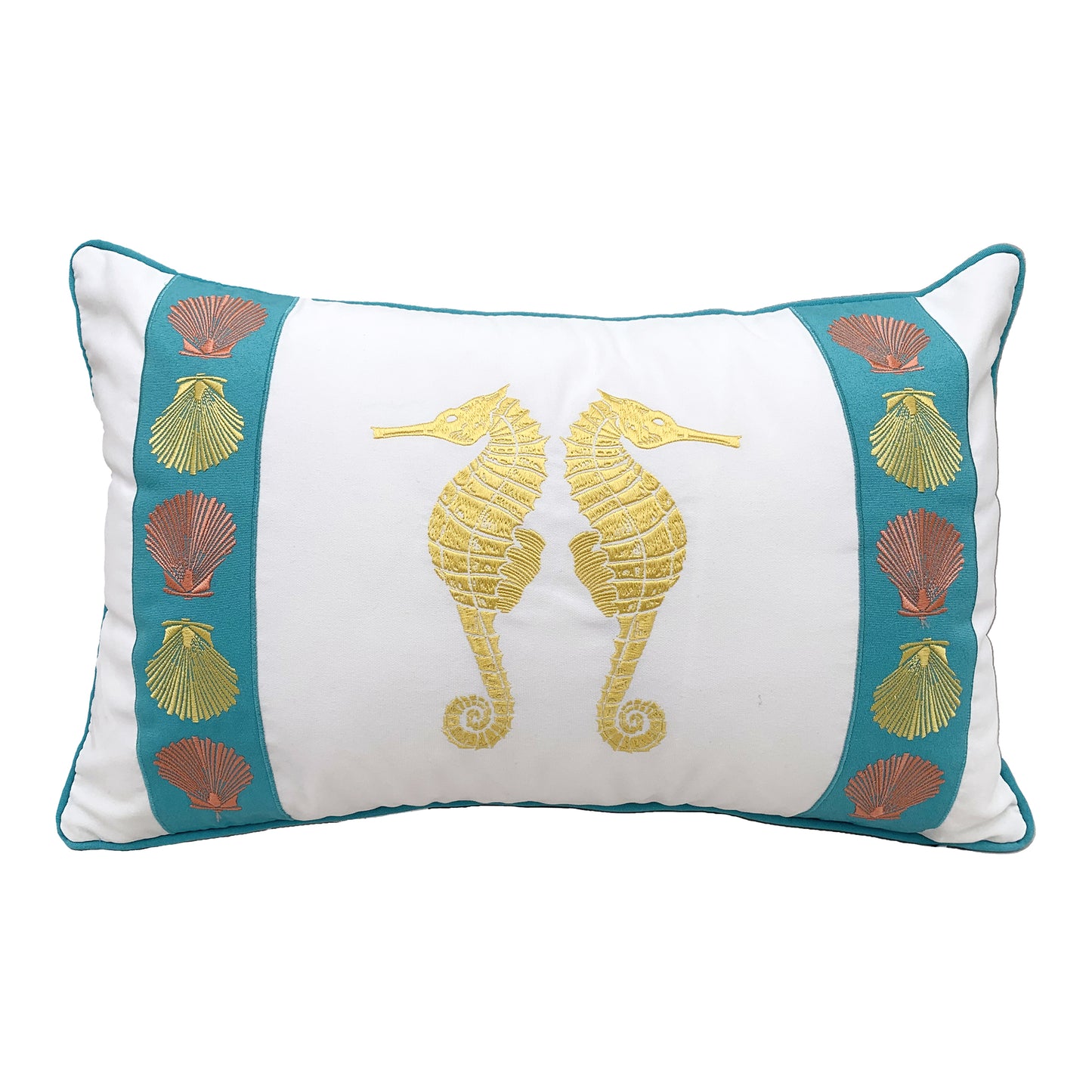 Tropical Punch Seahorse Pattern indoor outdoor pillow featuring two embroidered seahoses.