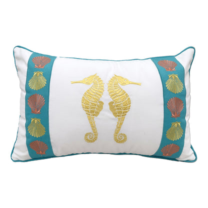 Tropical Punch Seahorse Pattern indoor outdoor pillow featuring two embroidered seahoses.
