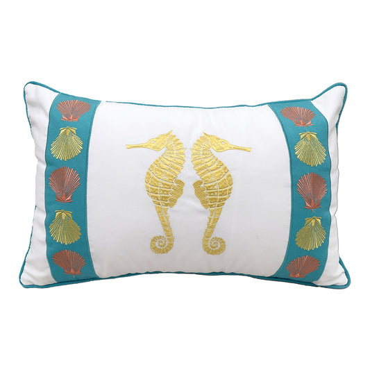 Tropical Punch Seahorse Pattern indoor outdoor pillow featuring two embroidered seahoses.