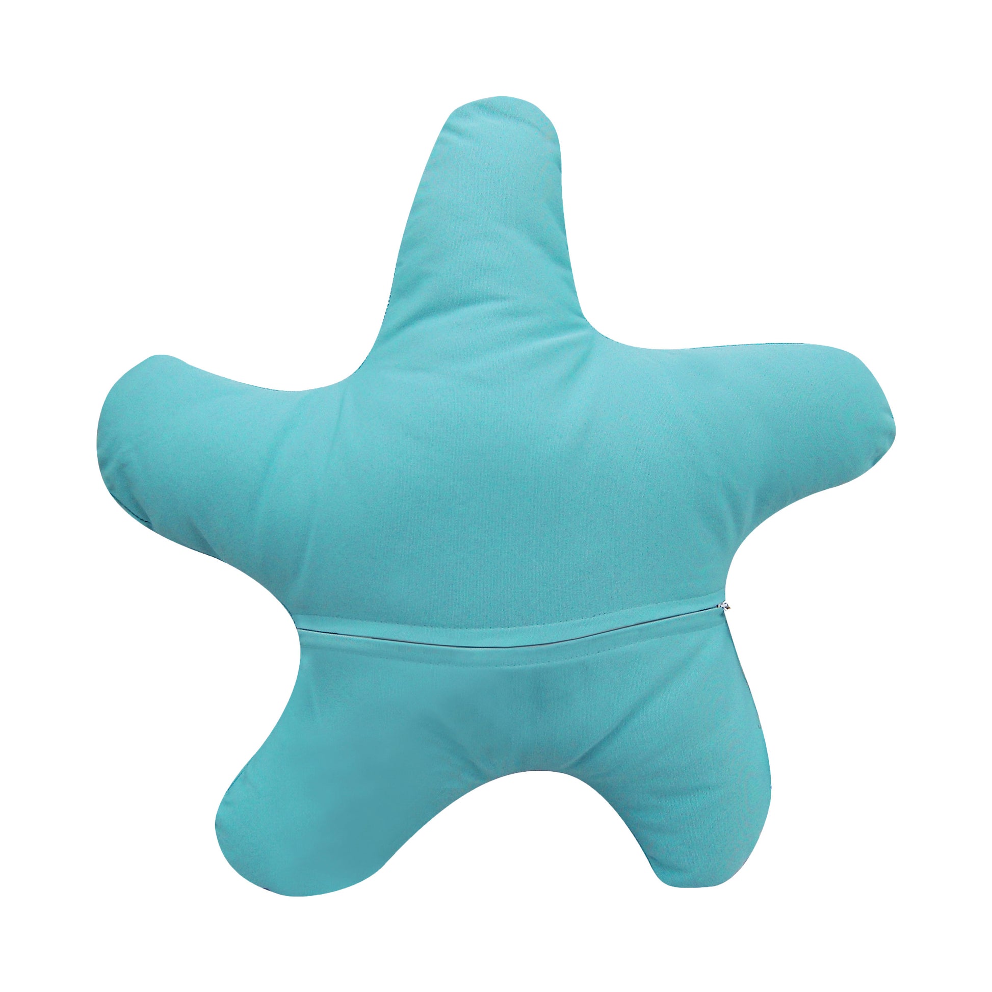 Solid turquoise fabric; back of the Turquoise Shaped Sea Star pillow with zipper enclosure.