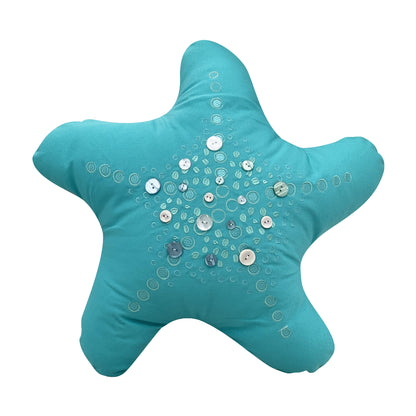 Turquoise Shaped Sea Star indoor outdoor pillow with embroidered and beaded accents.