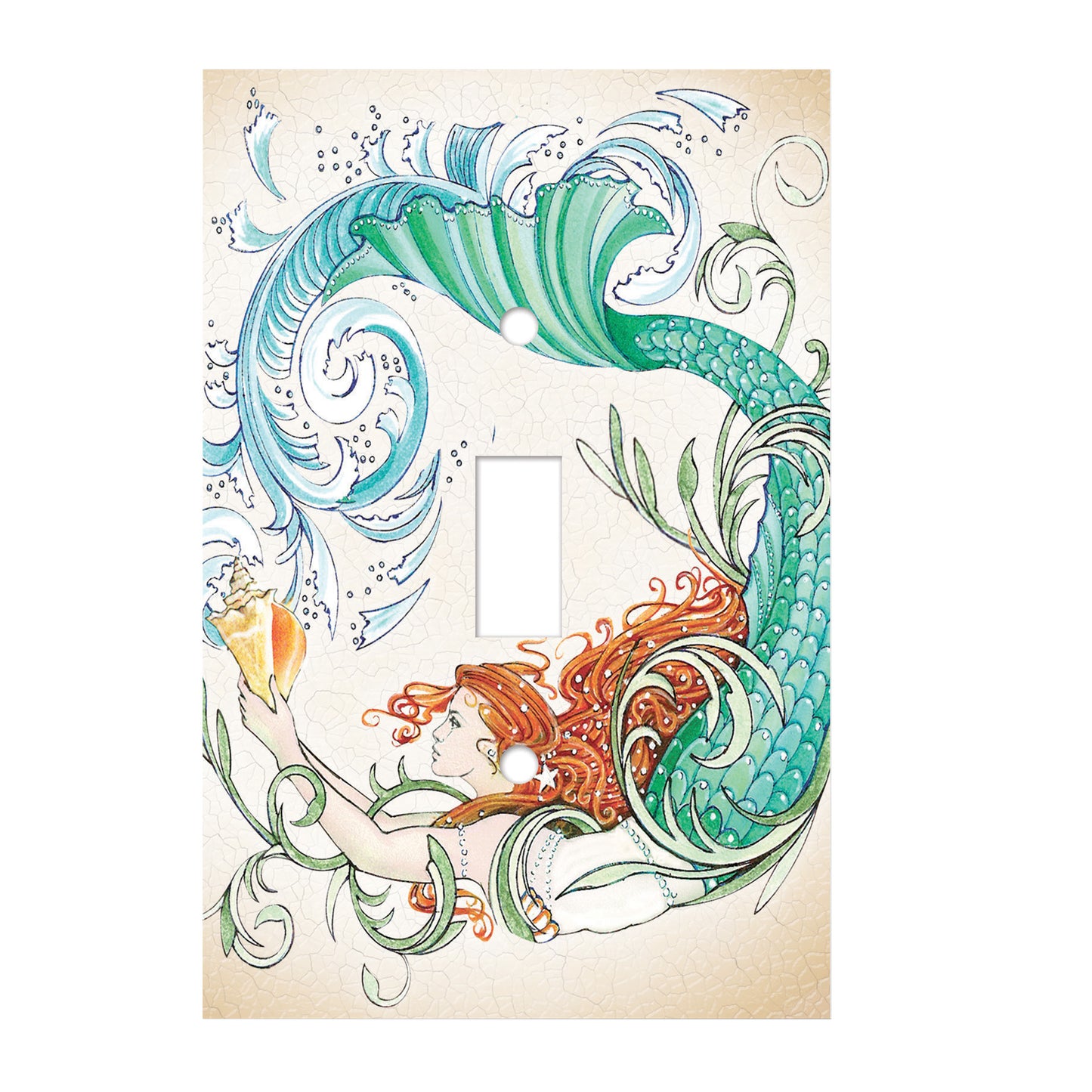 ceramic single toggle switch plate featuring illustrative graphic of a mermaid with a green tail holding a conch shell.