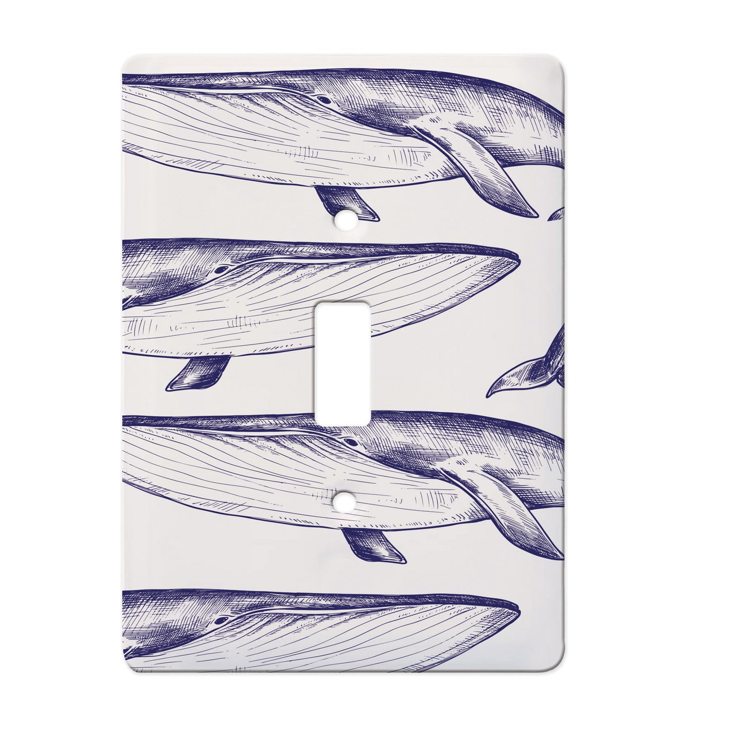 white ceramic single toggle switch plate featuring alternating pattern of navy whales.