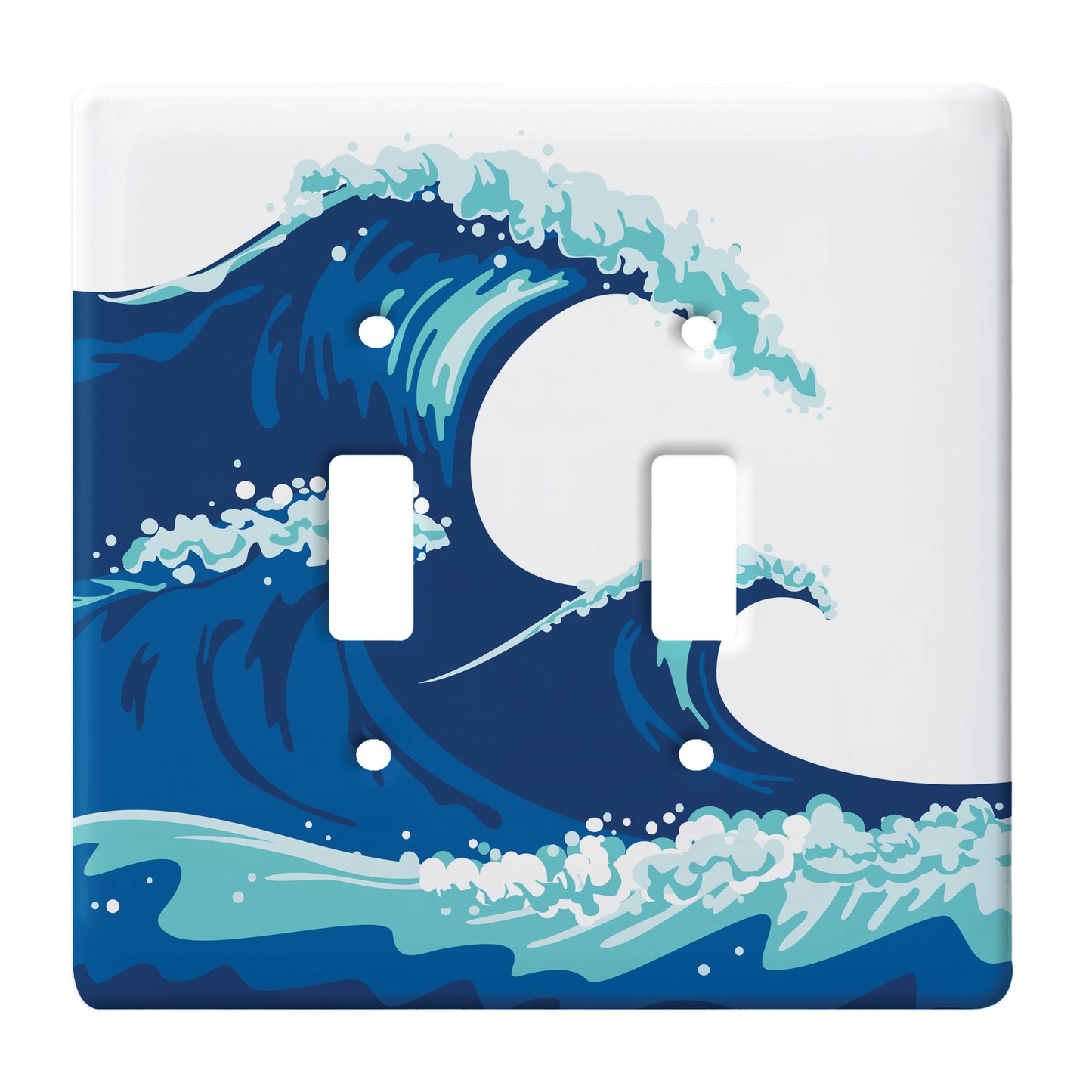 white ceramic double toggle switch plate featuring a blue wave.