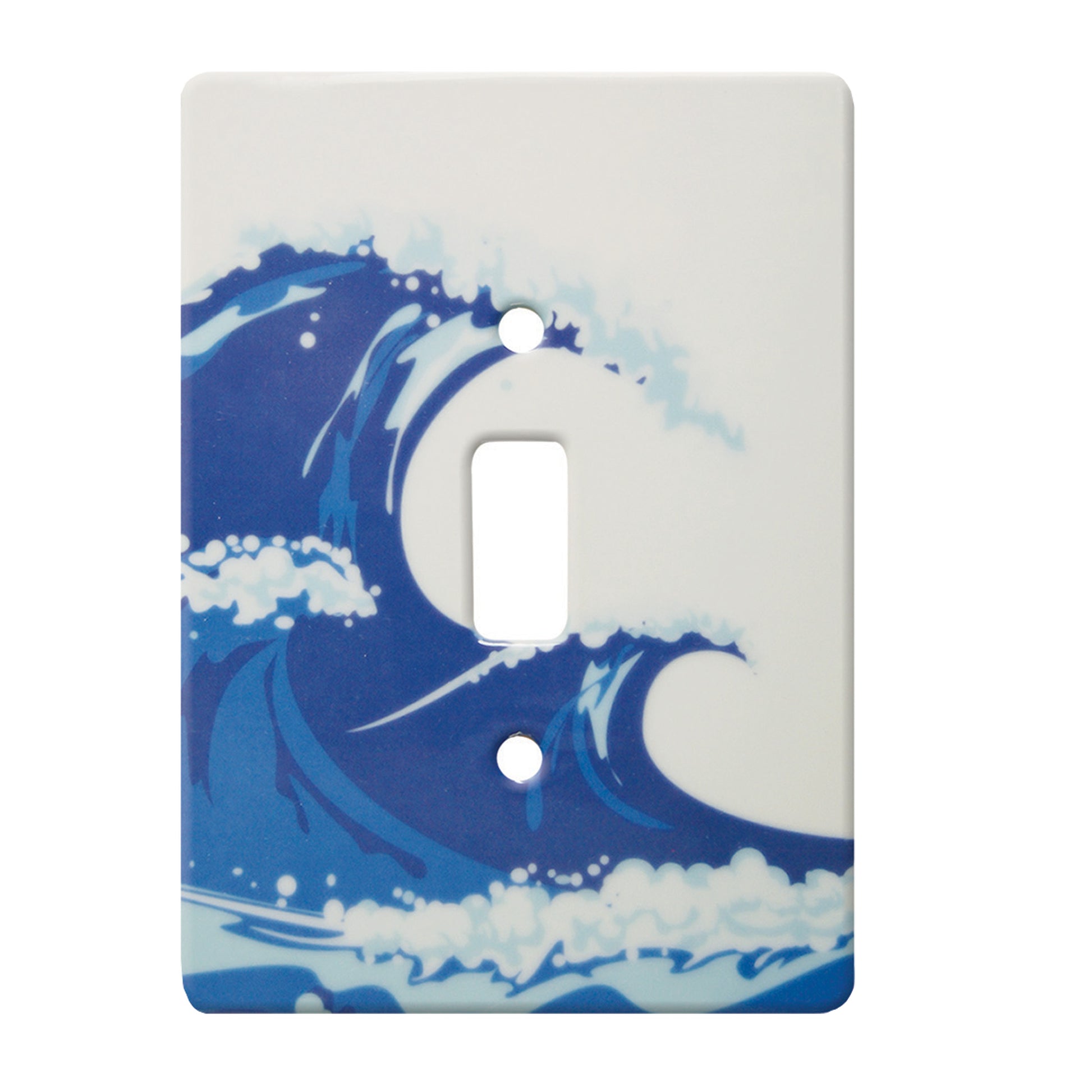 white ceramic single toggle switch plate featuring a blue wave.