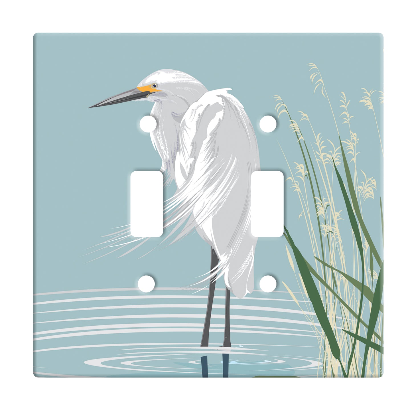 white ceramic double toggle switch plate featuring a white egret.