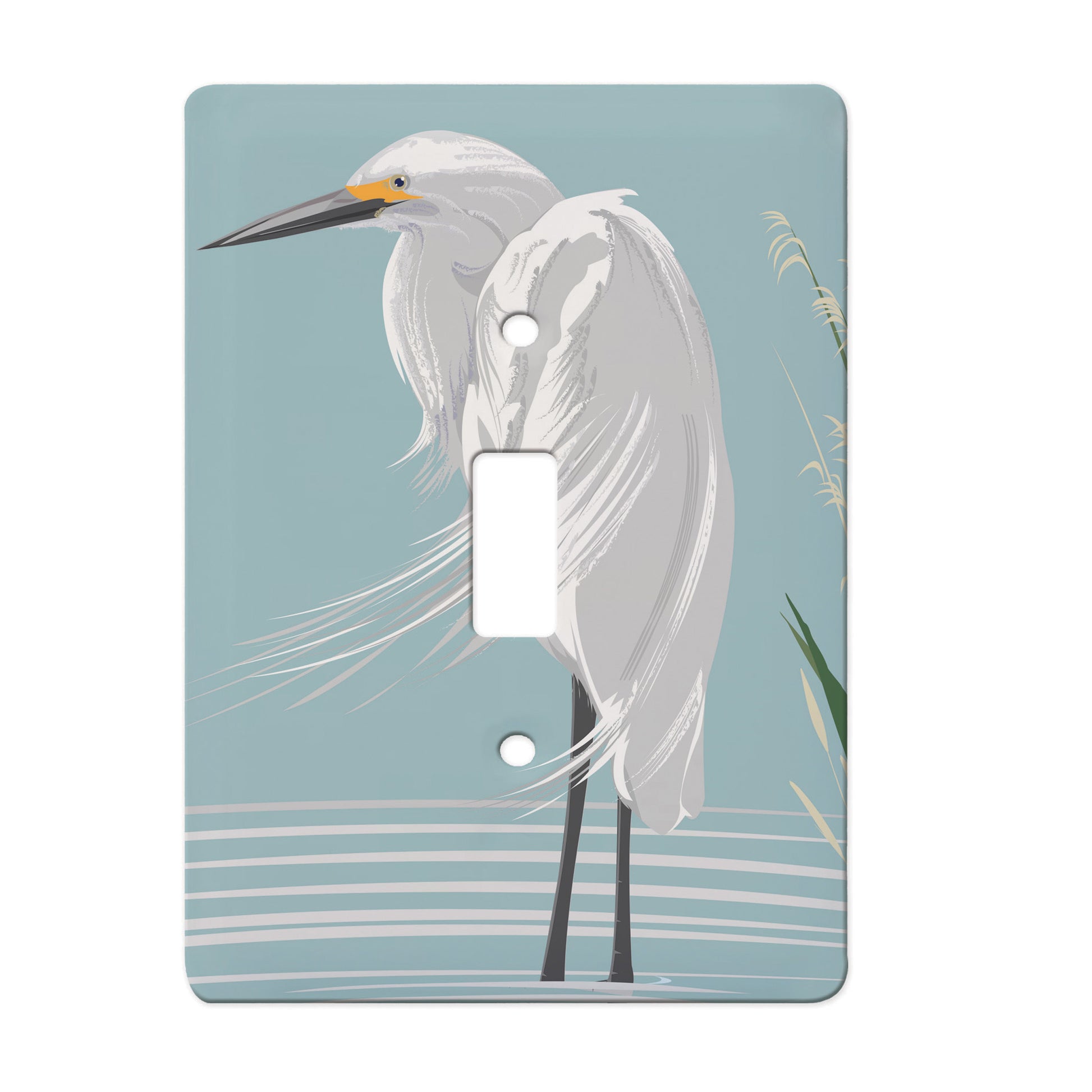 white ceramic single toggle switch plate featuring a white egret.