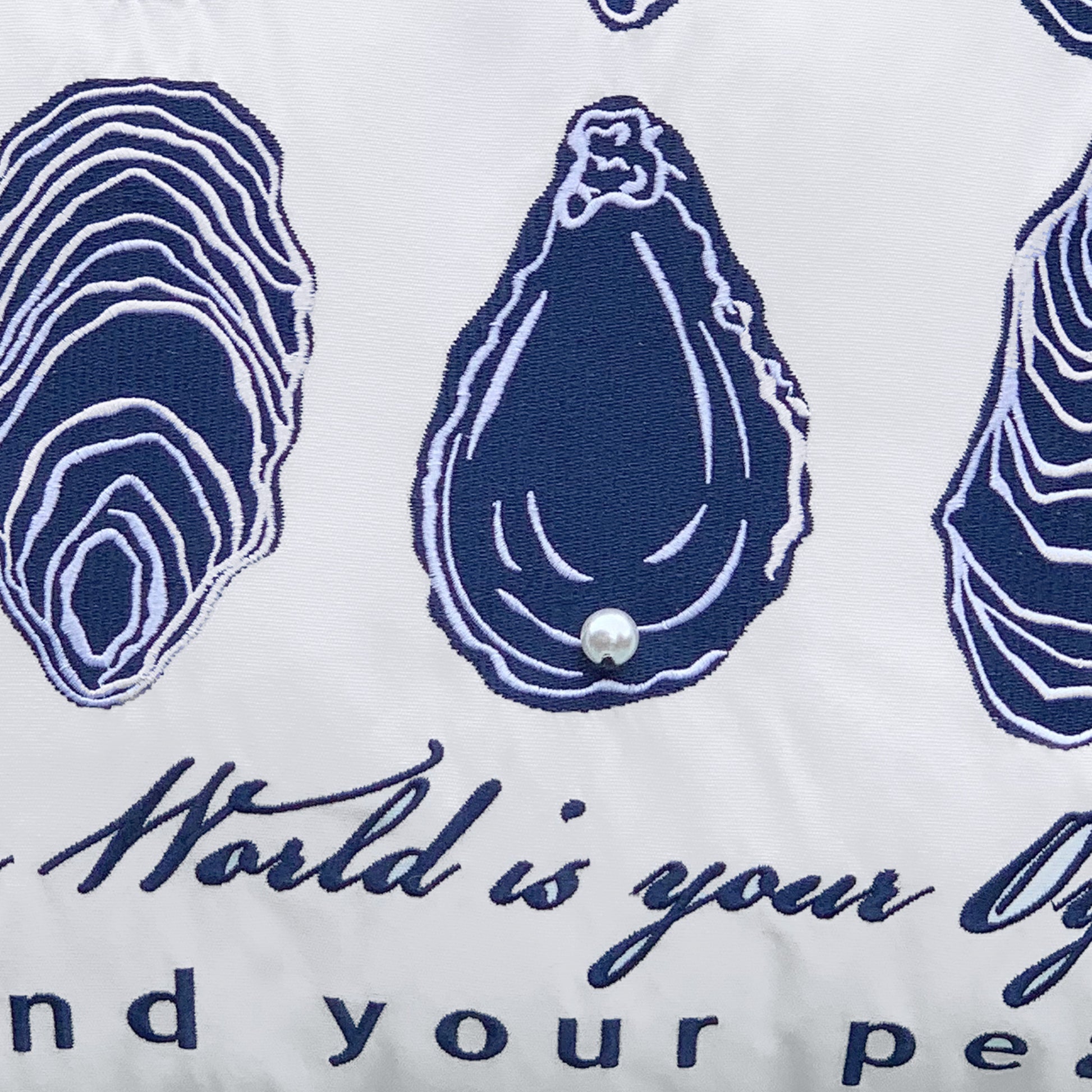 Detail shot of the World Is Your Oyster Indoor Outdoor Pillow.