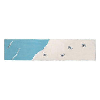 Baby blue crabs embroidered on sand colored ground and blue wave with embroidered sea foam runner.