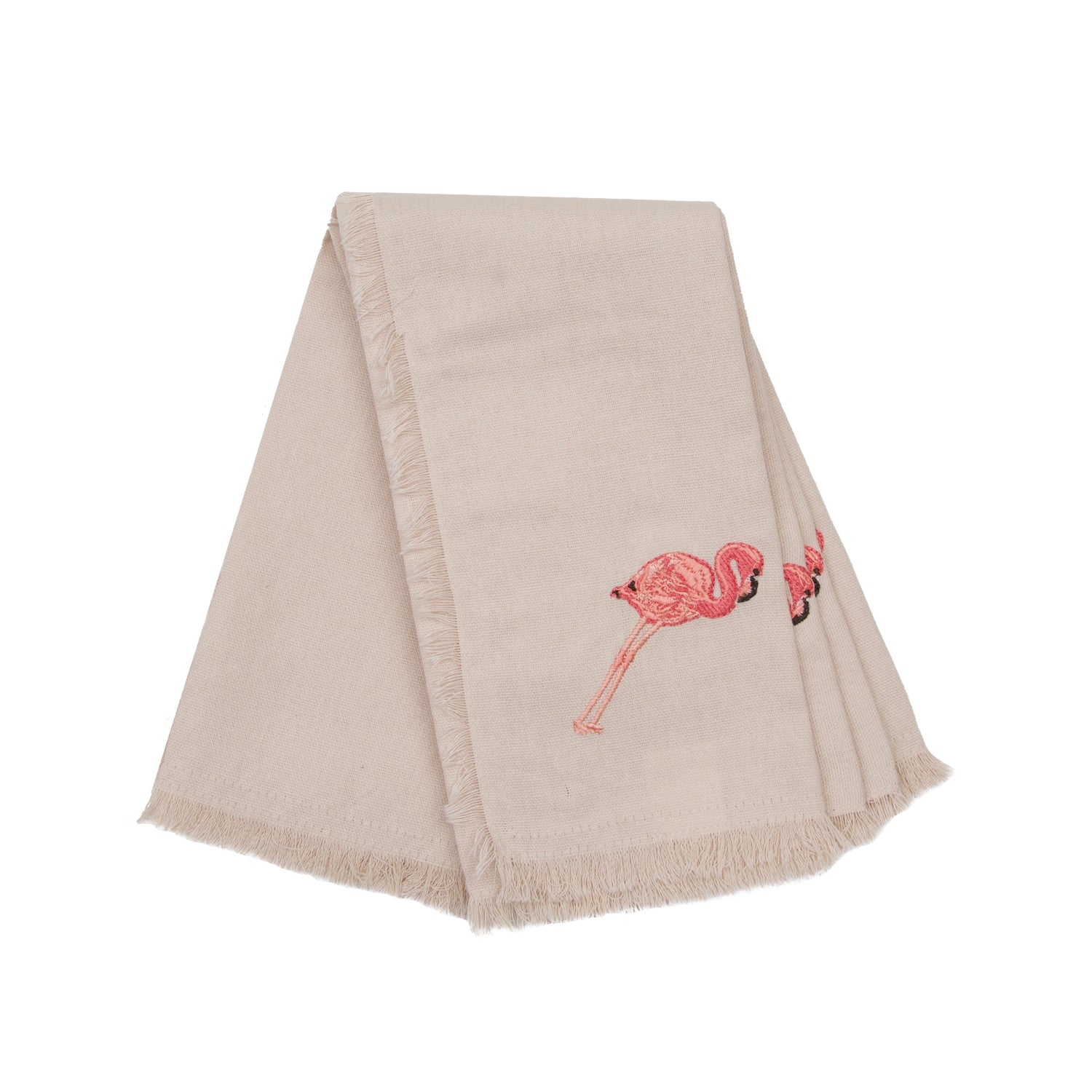 4 napkins depicting embroidered Pink Flamingo on a tan cotton background with fringe edges.