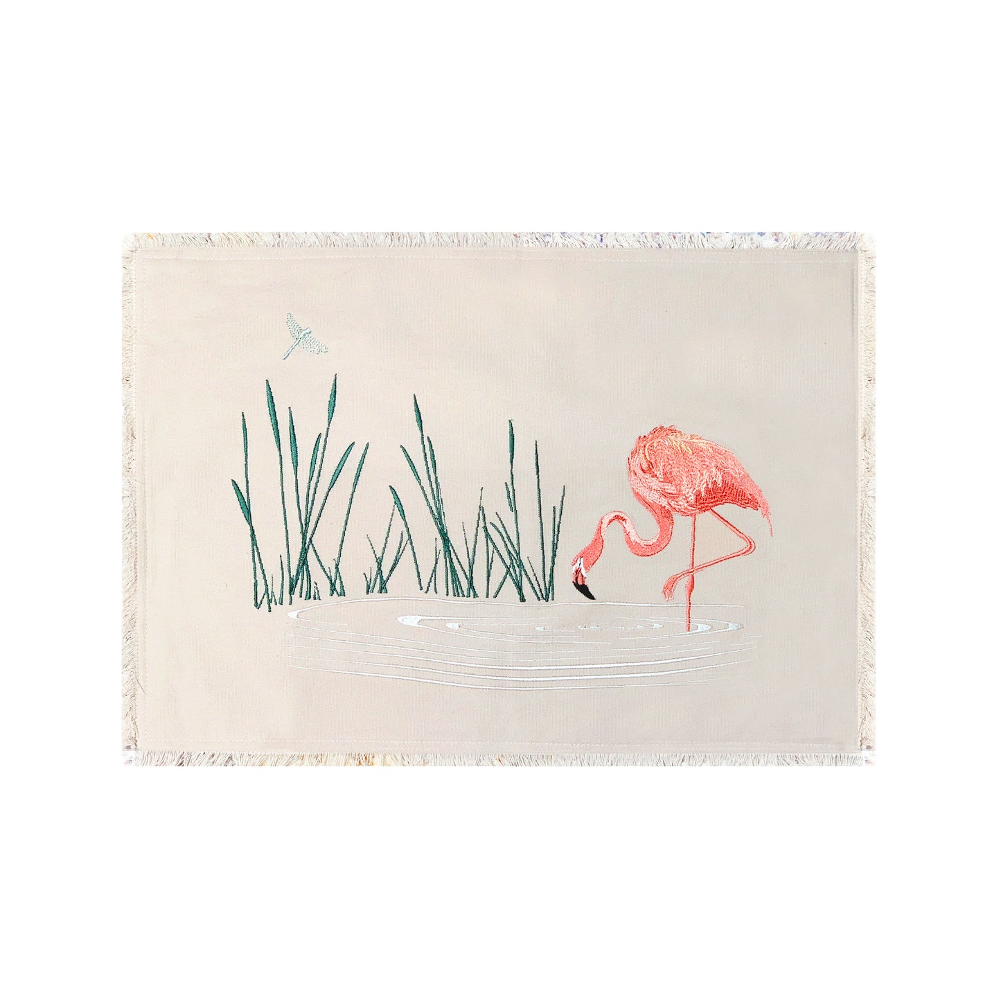Placemat depicting embroidered Pink Flamingo and Reeds on a tan cotton background with fringe edges. 