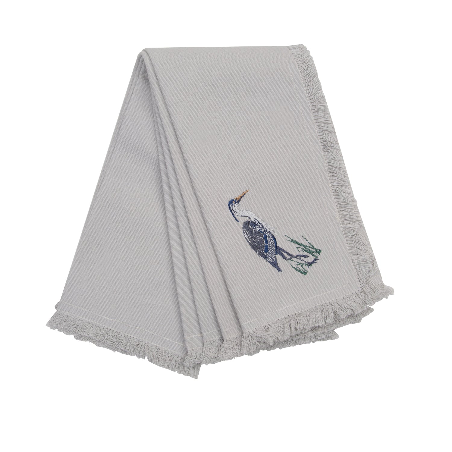 Grey cotton fringed napkin set of 4 featuring embroidery of Great Blue Heron.