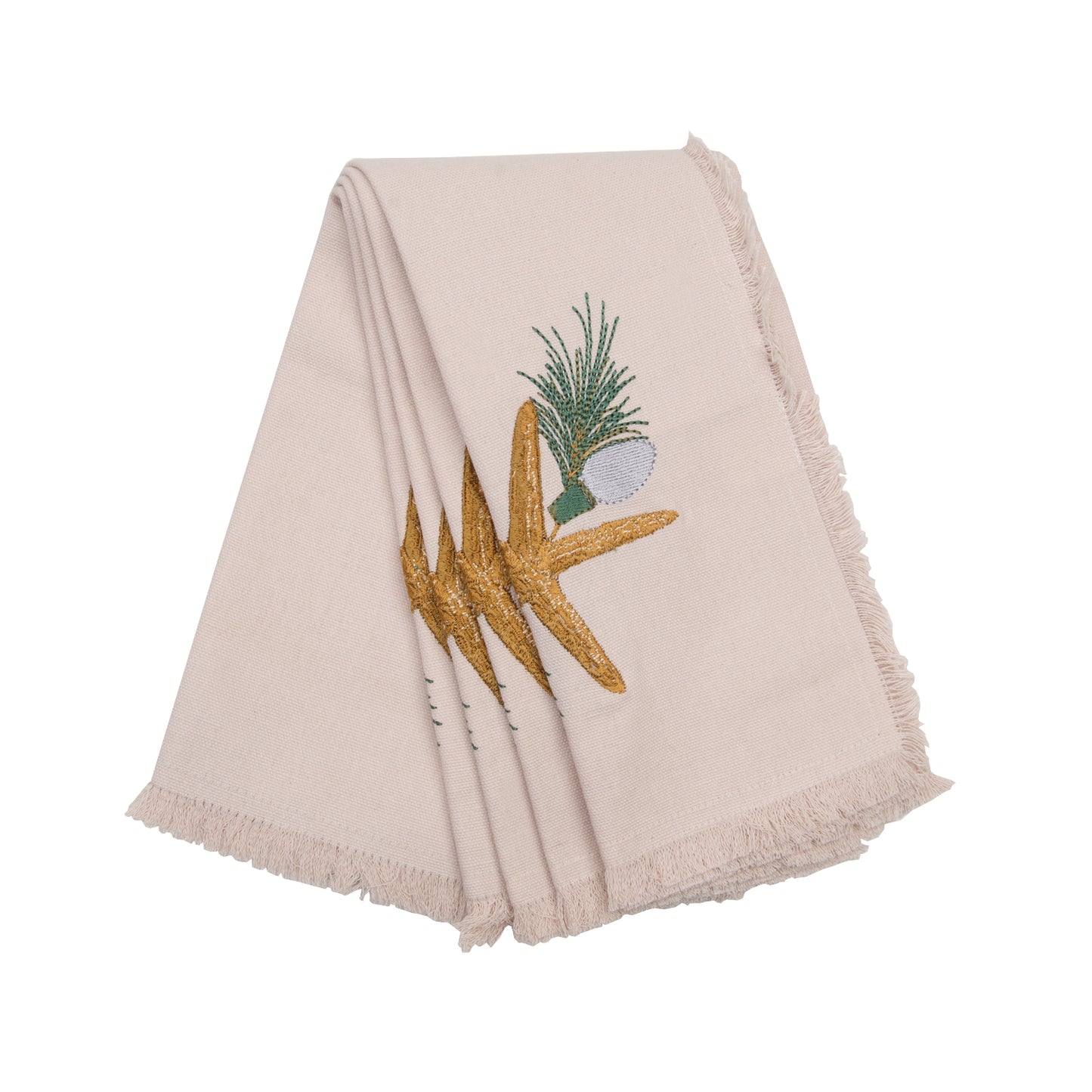 4 folded natural cotton fringed napkins featuring an embroidered sea star, holiday lights, and evergreen needles.