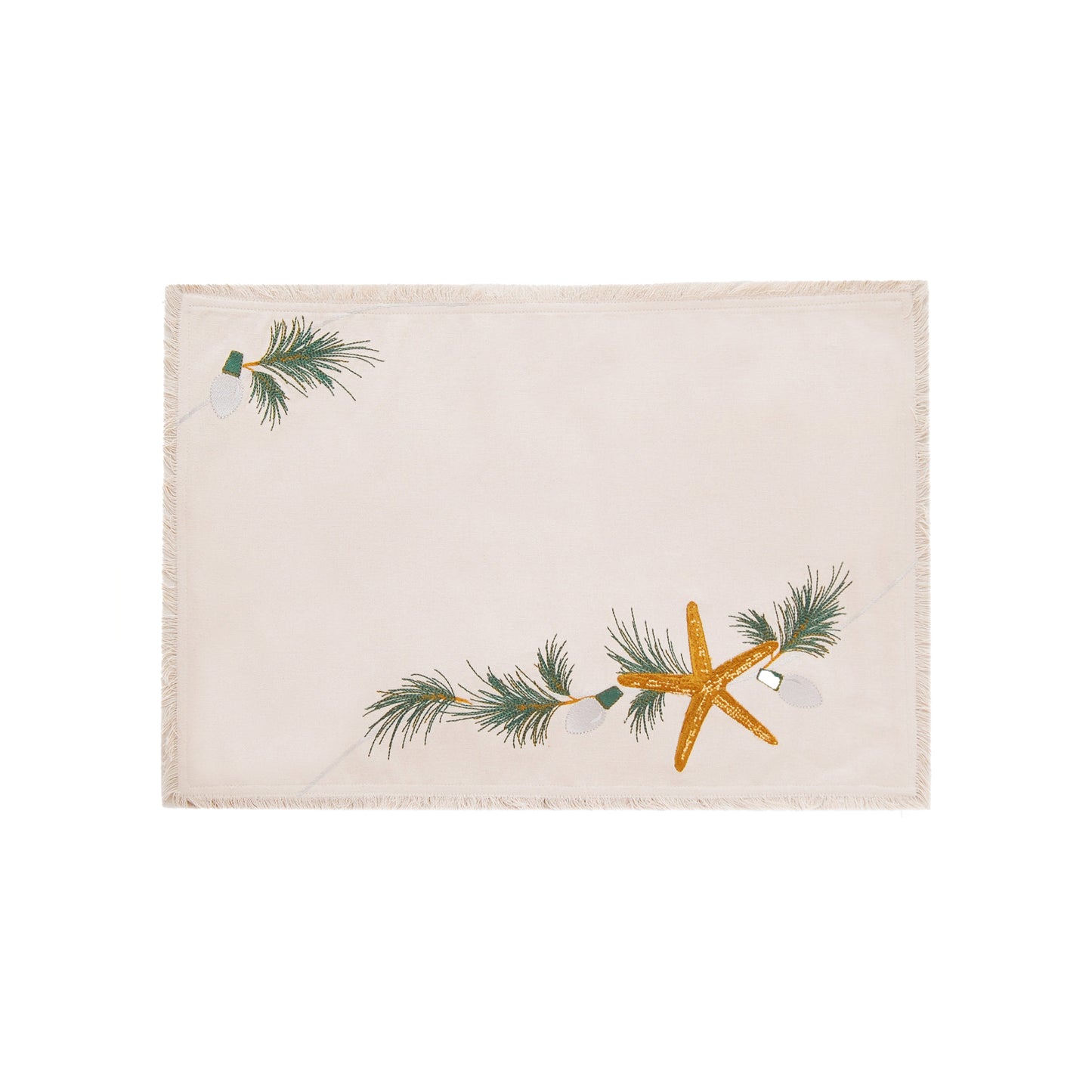 Natural cotton fringed placemat featuring an embroidered sea star, holiday lights, and evergreen needles.