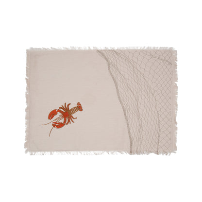 Natural fringed cotton placemat featuring embroidered red lobster and fishing net.