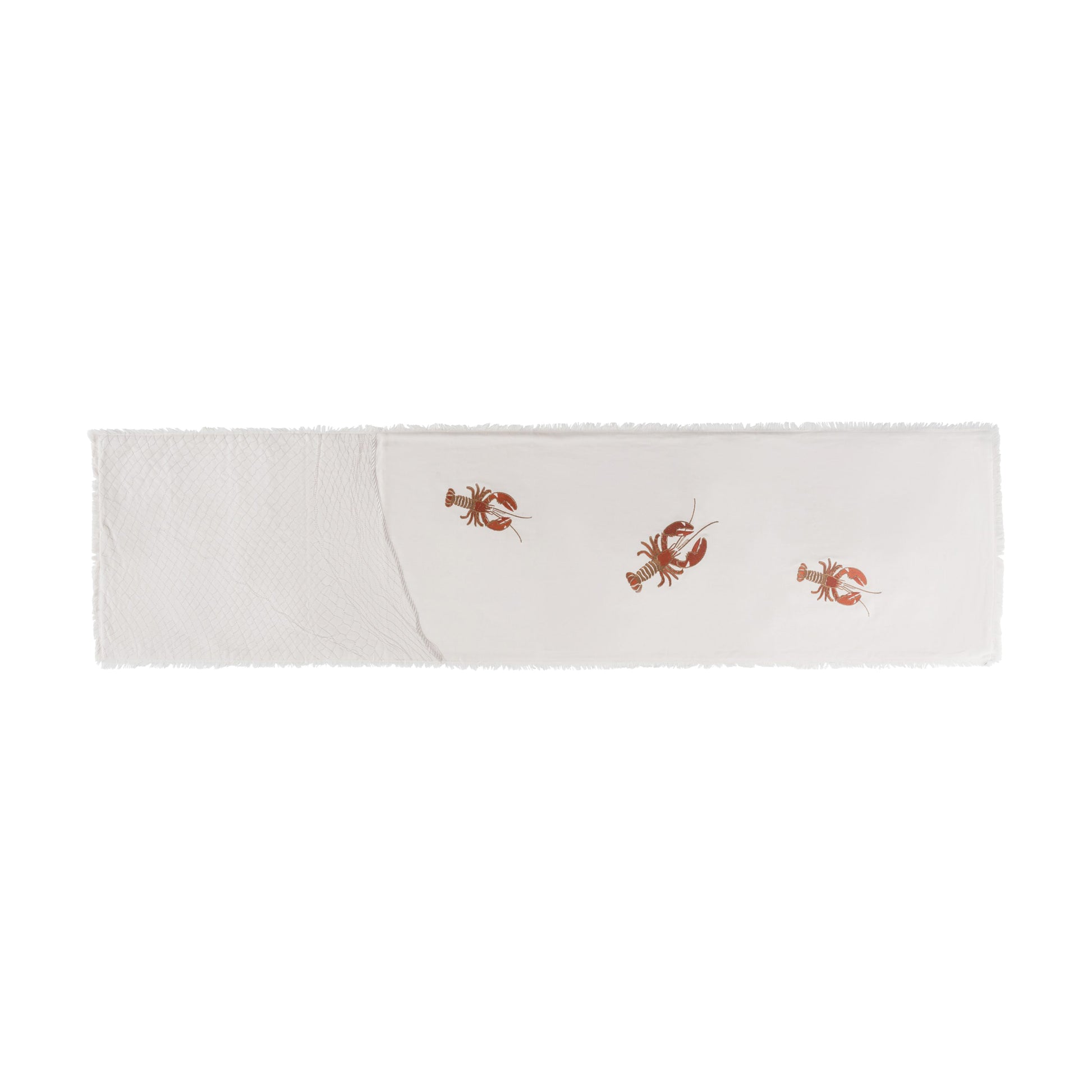 Natural fringed cotton table runner featuring embroidered red lobster and fishing net.