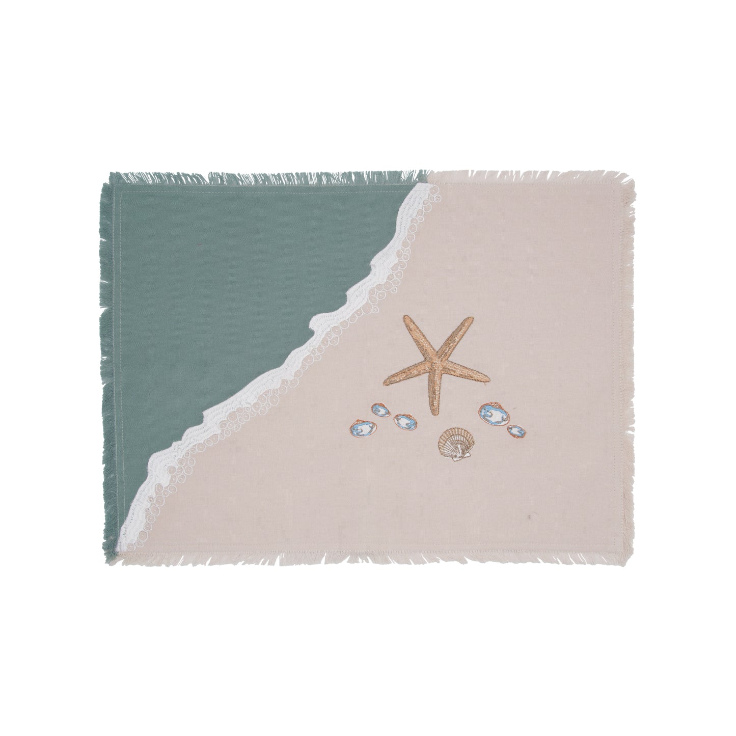 Sea stars and sea shells embroidered on a cotton and placemat featuring a wave washing onto the beach, finished with fringe edges.