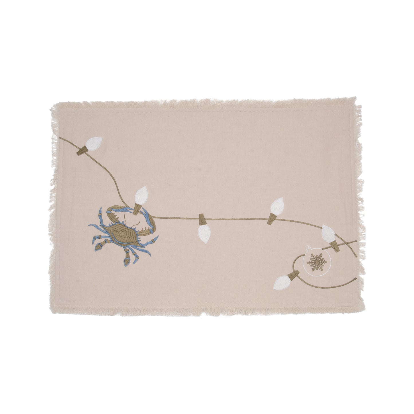 Blue crab and holiday lights embroidered on natural cotton placemat with fringed edges. 