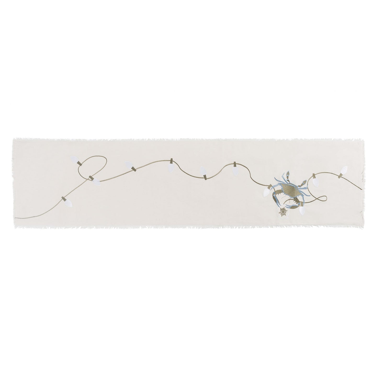 Blue crab and holiday lights embroidered on natural cotton table runner with fringed edges. 